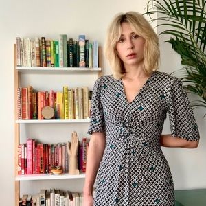 Maje SS17 V-neck Mid Length Green Patterned Dress